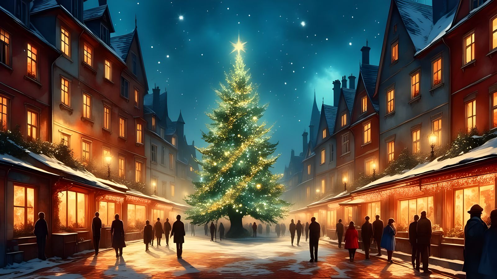 Whimsical Nighttime Christmas Market as Impasto Painting