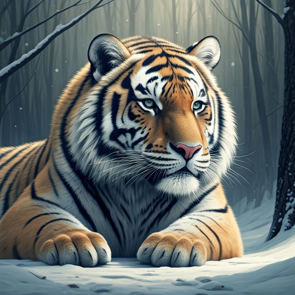 Majestic White Tiger in Snow-Dusted Forest