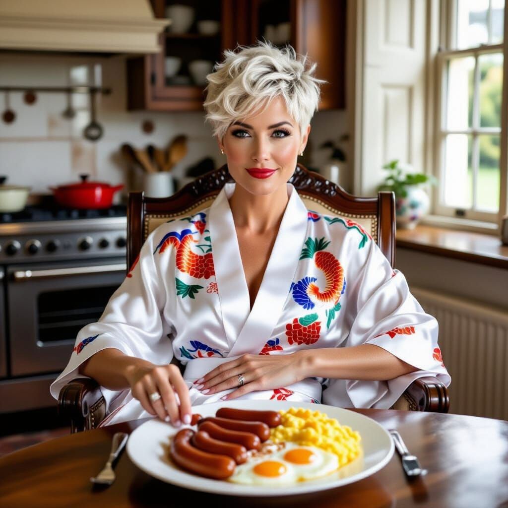 Woman Enjoys English Breakfast in Silk Gown