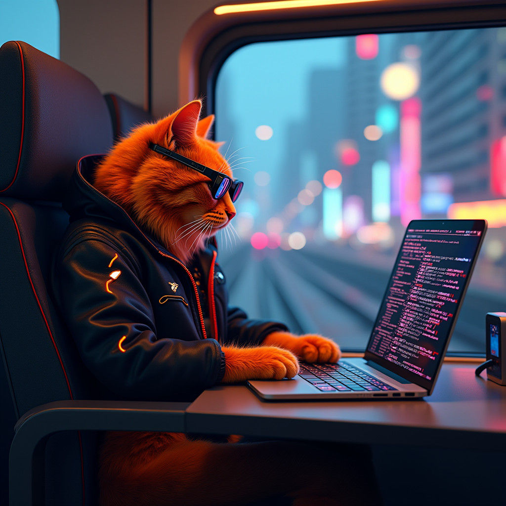 A cute orange cybercat working on a chair with a laptop in a...