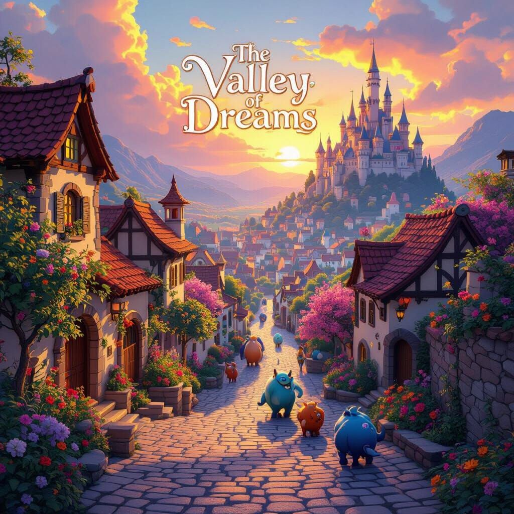 Vibrant Walled Town with Mythical Beasts