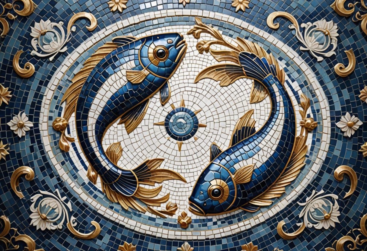 Ancient Greek Mosaic with Shimmering Blue and Gold