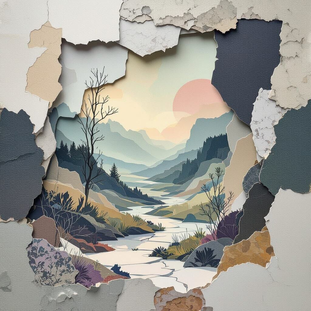 Surreal Paper Landscape with Cut-Out Shapes