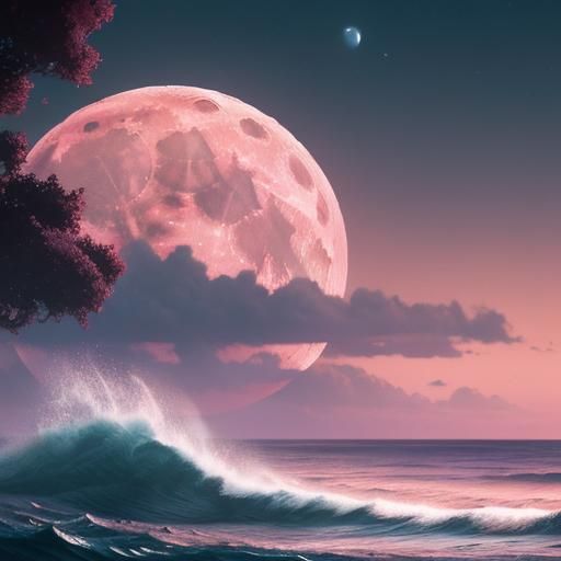 Pink Moon Over Peach Waves: Digital Matte Painting