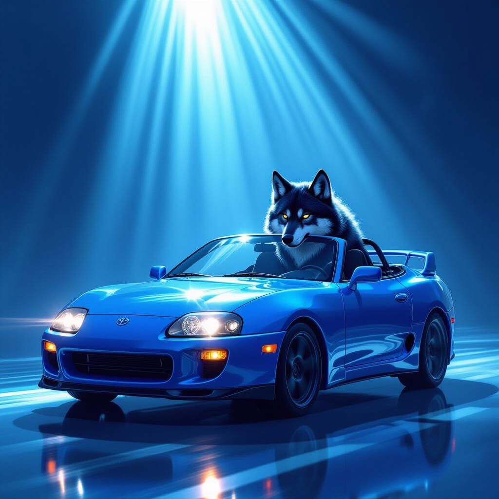 Black Wolf Drives Blue Toyota Supra Under Divine Light