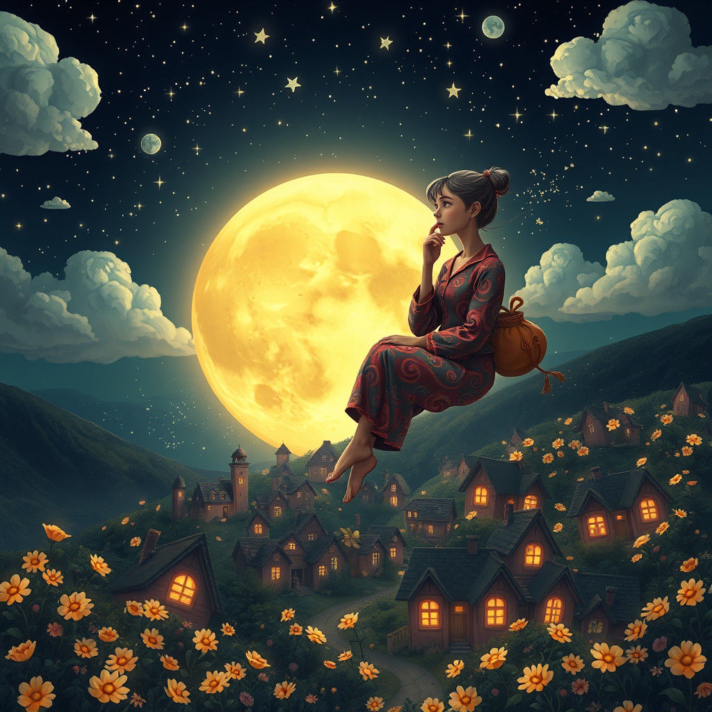 Lady on the Moon Gazing at Fantasy Town