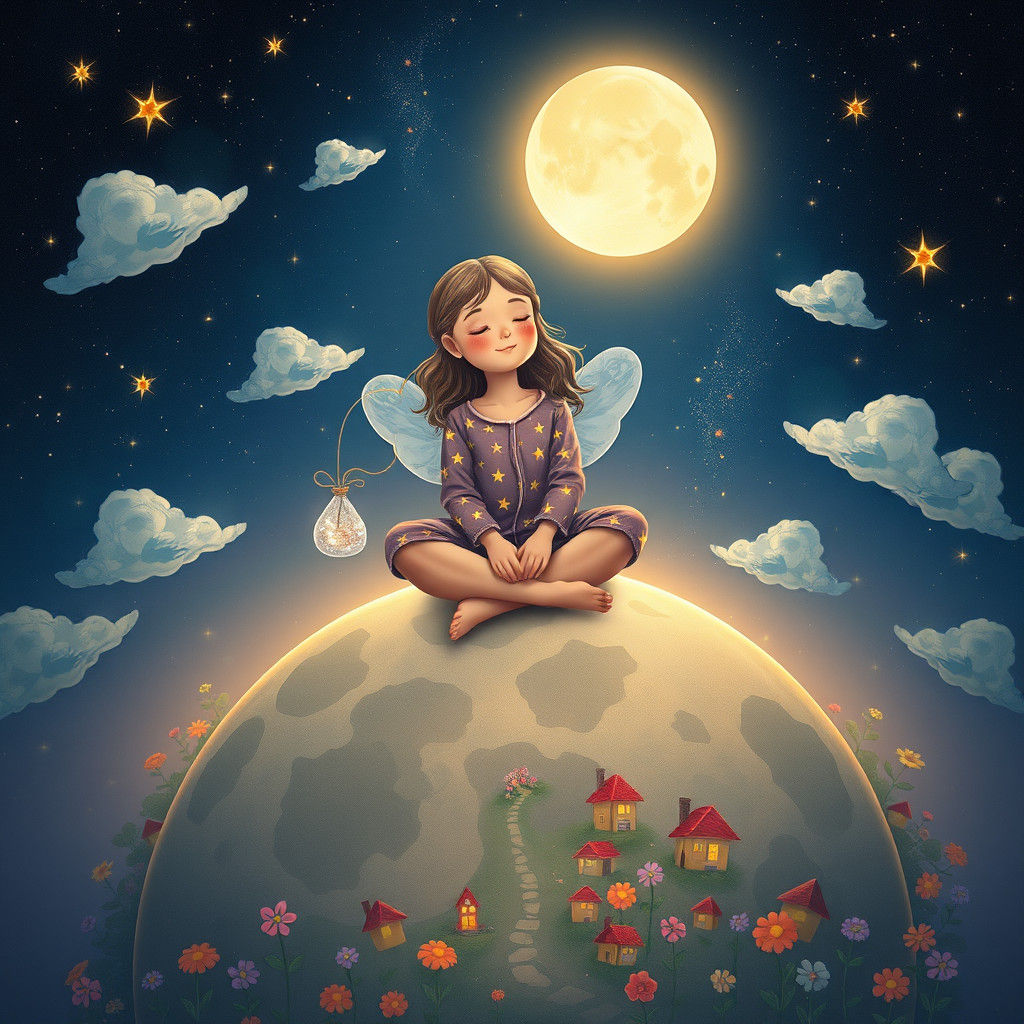 Girl on Moon Gazing at Earth with Fairy Dust
