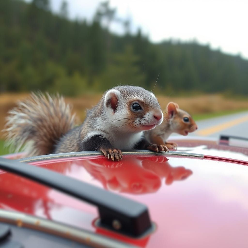 Whimsical Ferret and Squirrel Dodgem Cars Collision