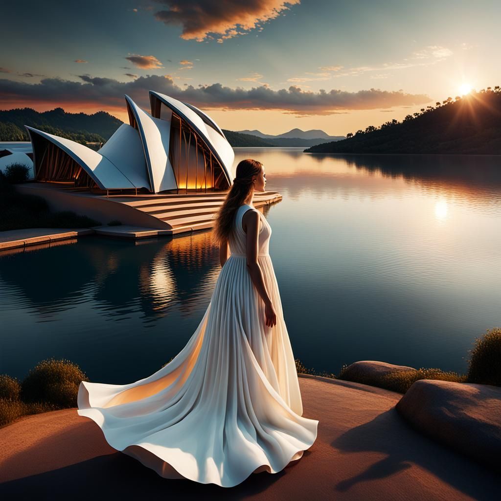 Golden Sunset Lake Scene in Surrealist Style