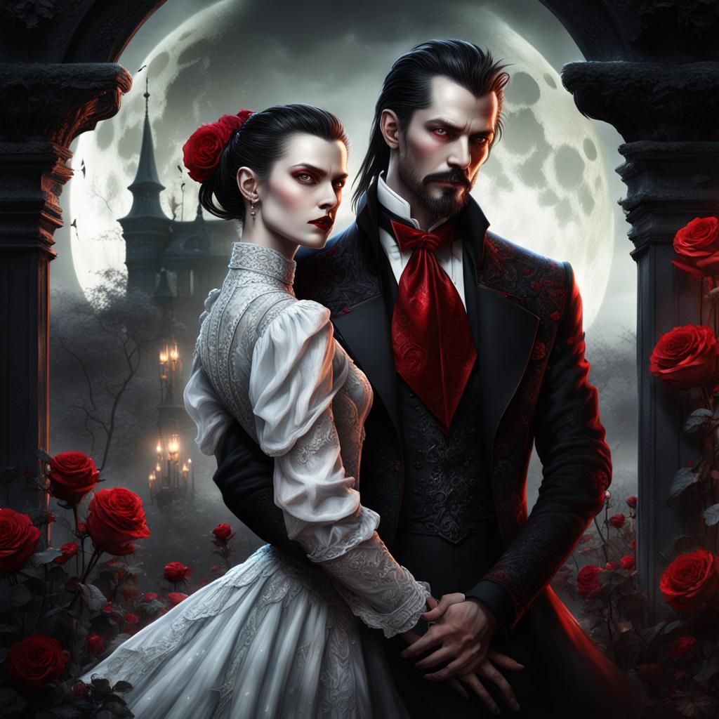 Romantic Vampire Couple in Gothic Art Style