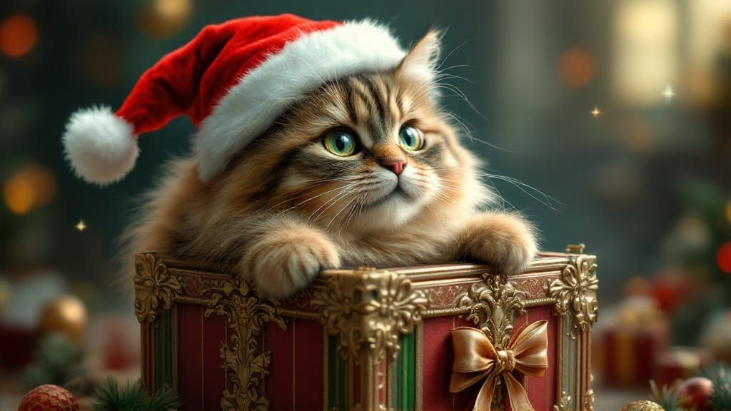 Cat in Santa Hat Pops Out of Christmas Gift Box in Whimsical...