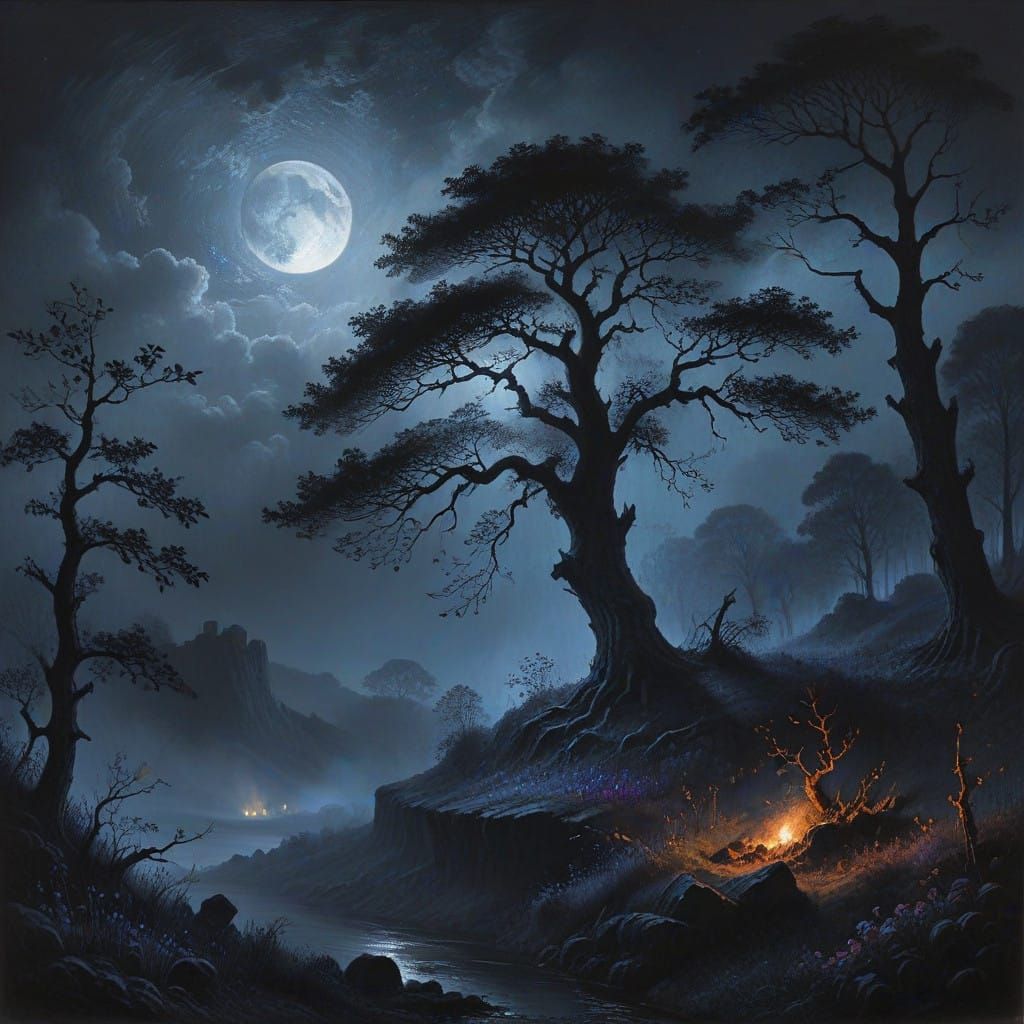 Mystical Forest Landscape at Dusk in Charcoal Style