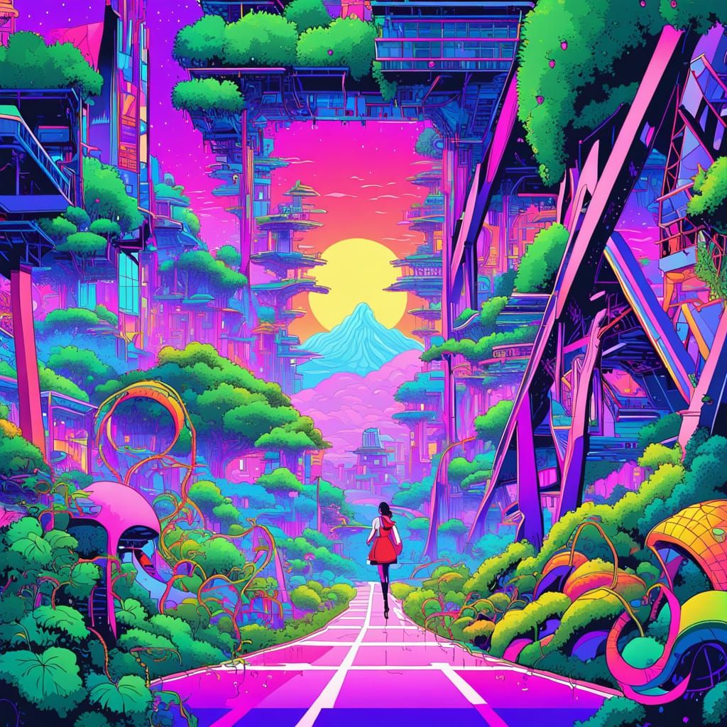 Surreal Synthwave Goddess in a Lush Grapevine Paradise
