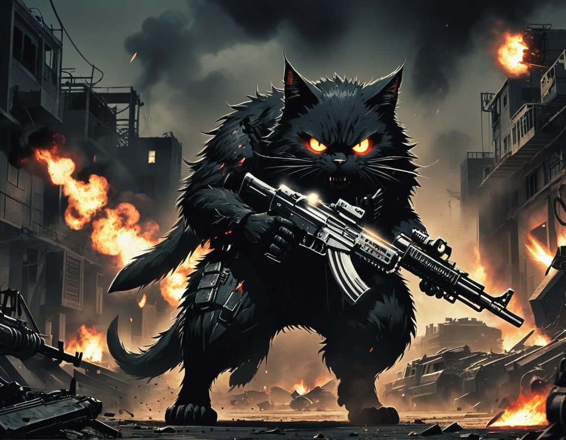 Monstrous Cat Menace with Machine Gun, Anime Style
