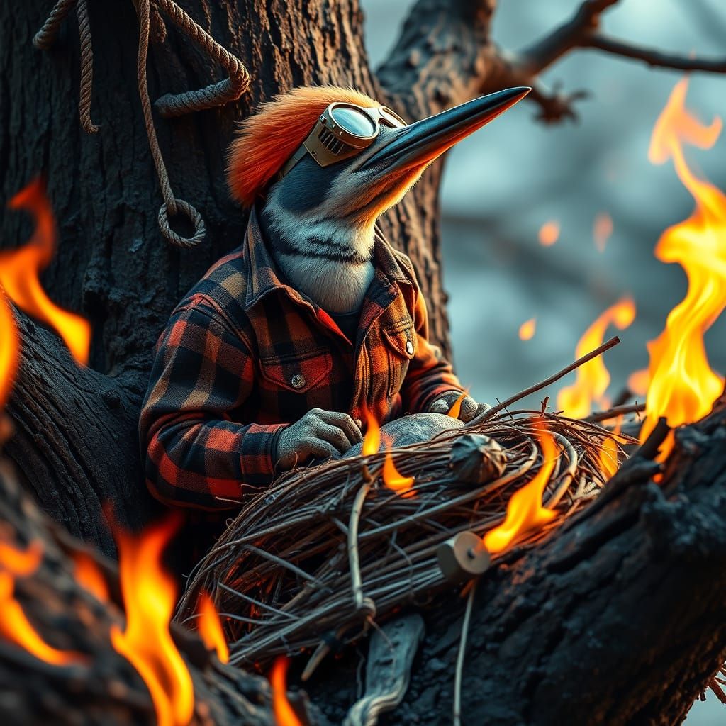 Cyberpunk Woodpecker Builds Nest in Blazing Tree