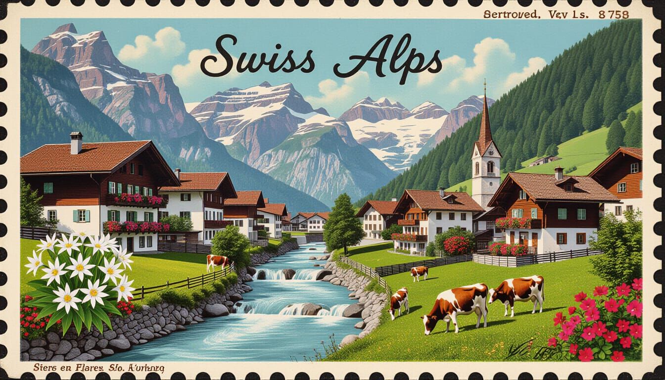 Vintage Swiss Alps Postcard with Village and Waterfall