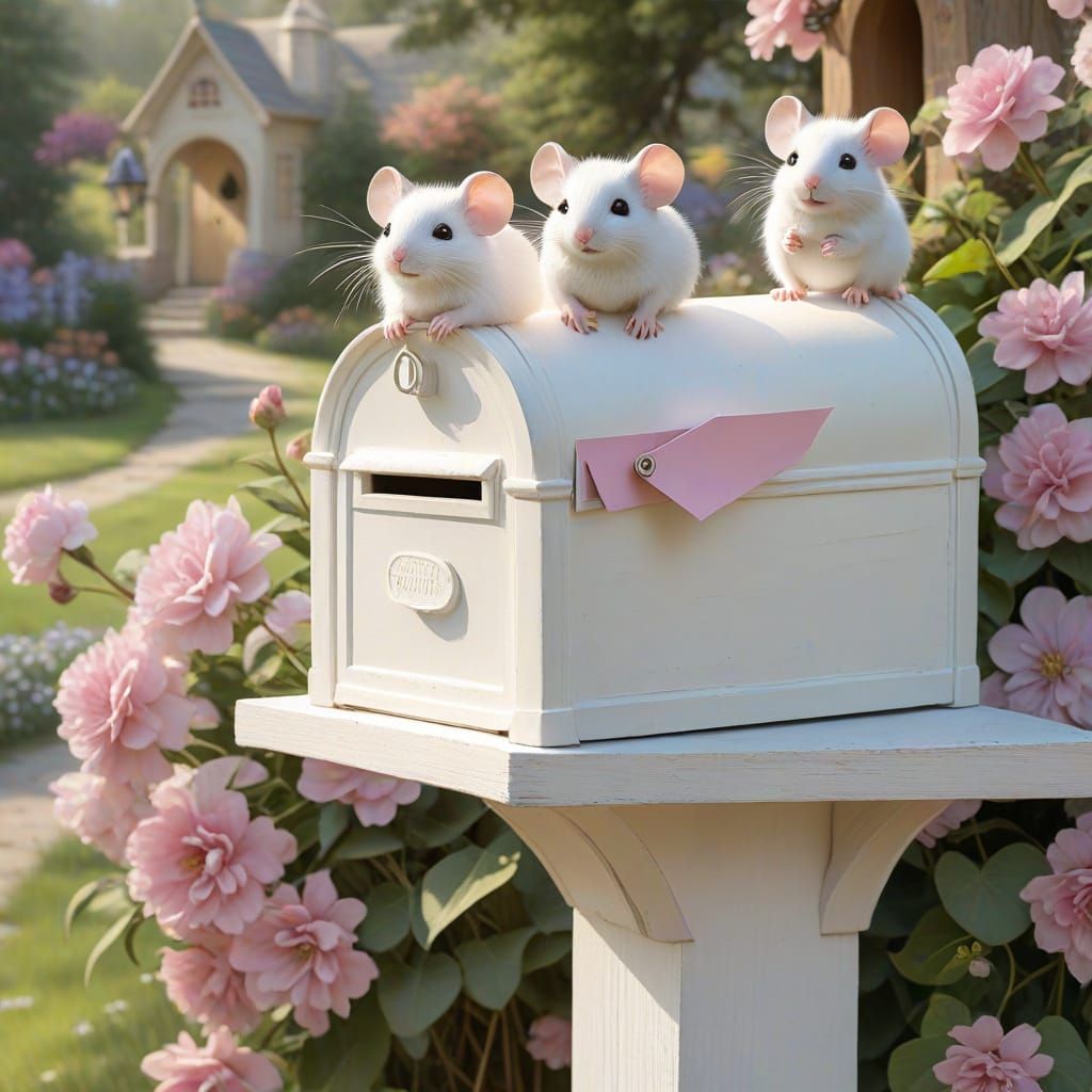 Whimsical Countryside Scene with Vintage Mailbox and Cute Mi...