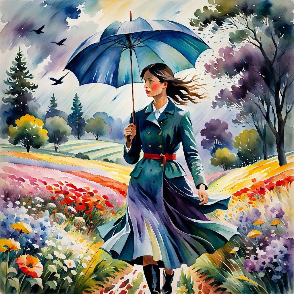 Woman with Umbrella in Stormy Field: Post-Impressionism