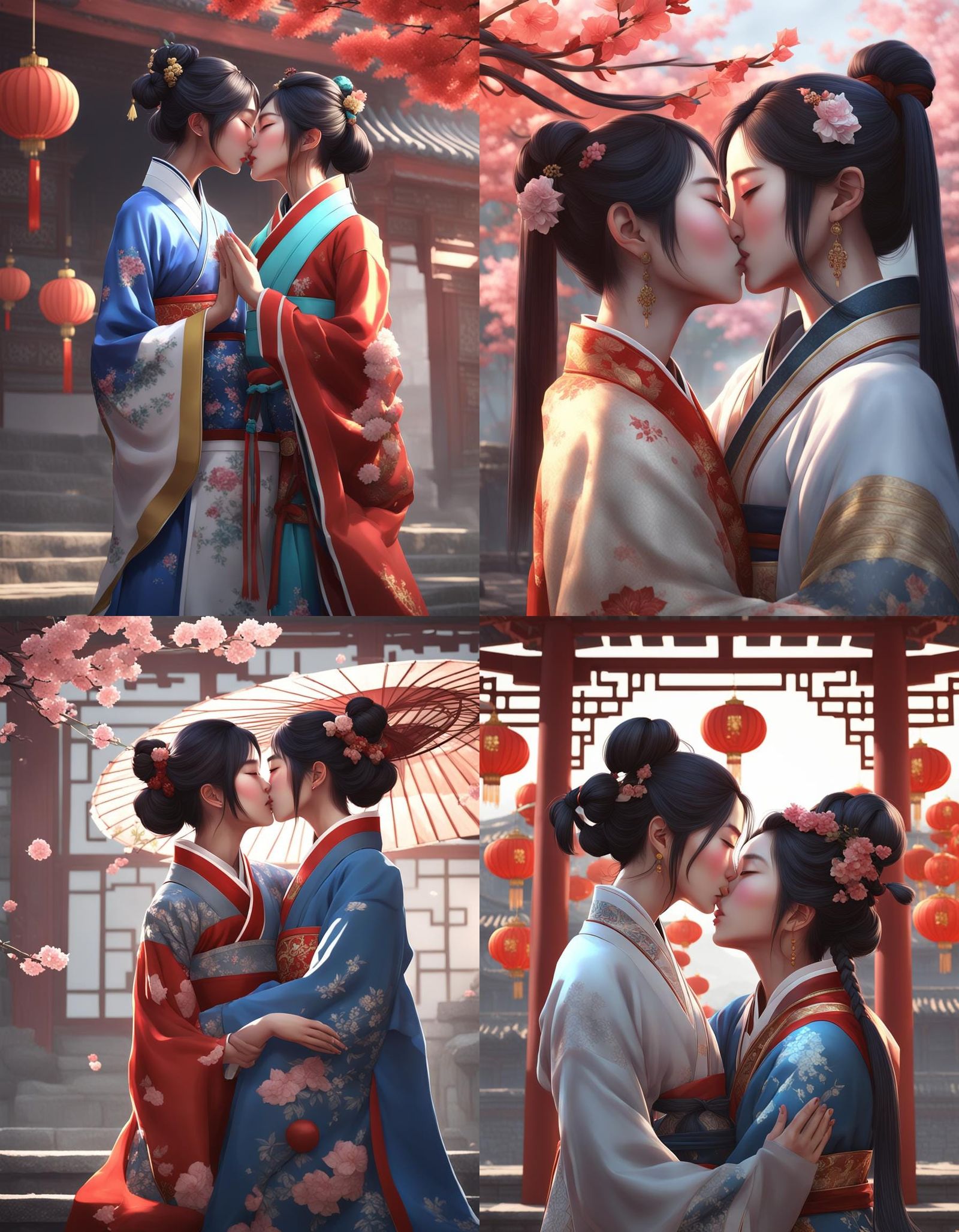 Korean Woman Kissing Chinese Woman in 3D Anime Art