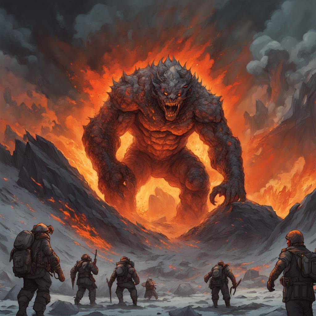 Epic Fantasy Encounter: Stone Monster and Brave Adventurers
