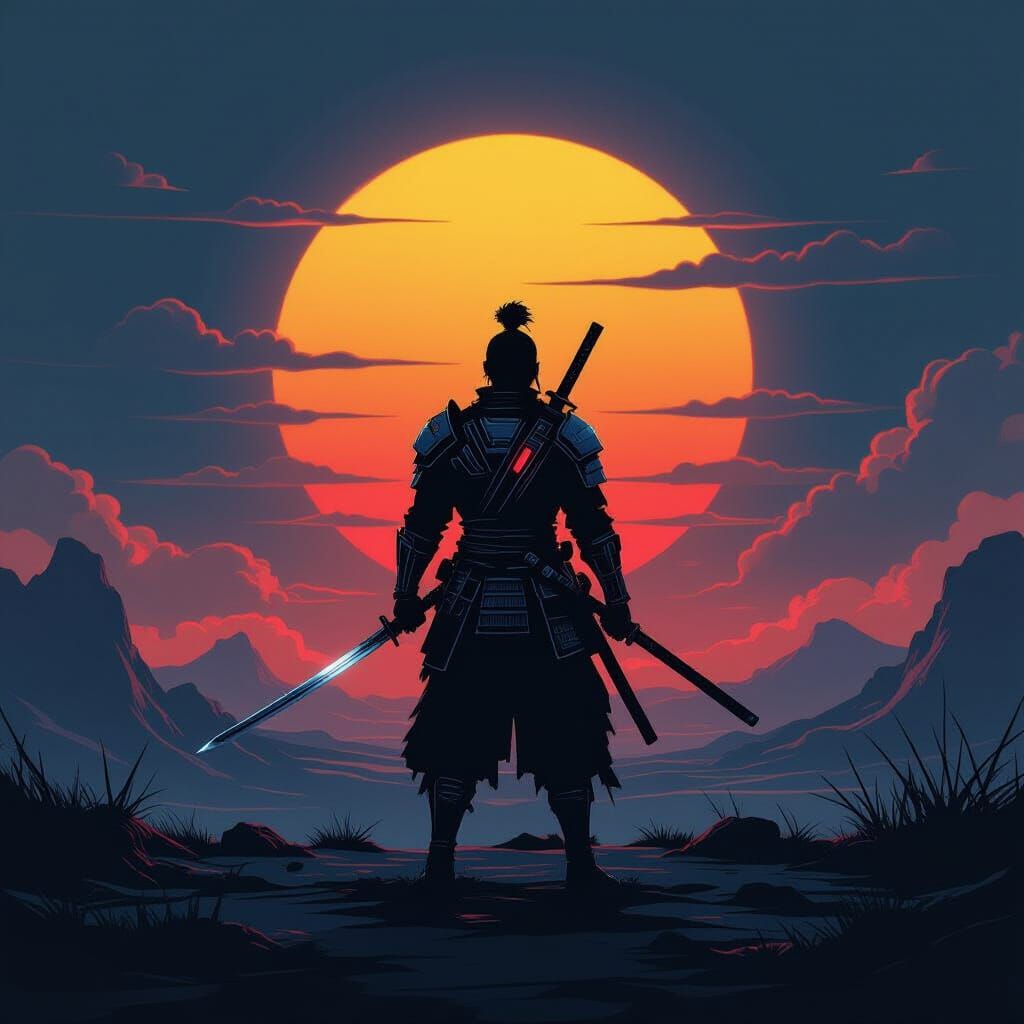Samurai Warrior on Alien Planet with Binary Sunset