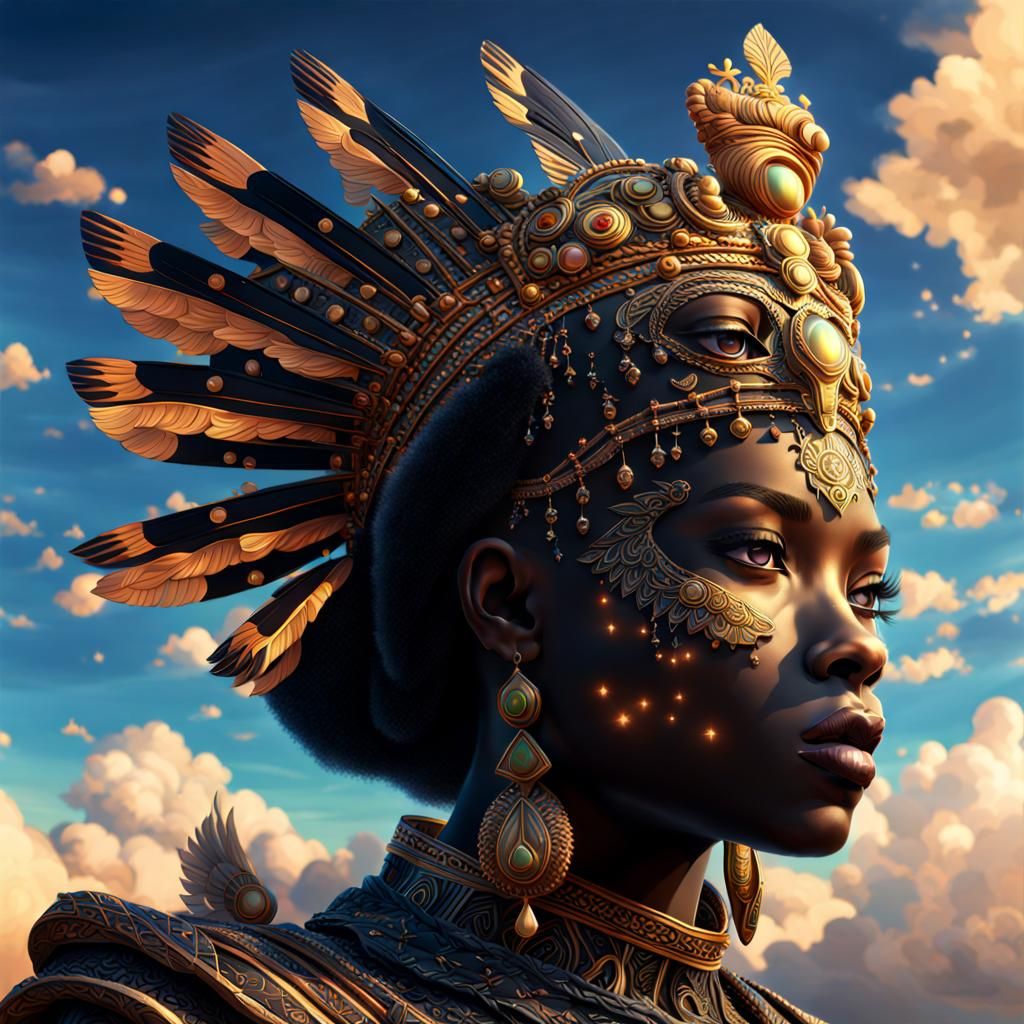 A beautiful Black Nefelibata Queen,  In the air,  gorgeous skies,  hyperdetailed,  digital art, 8k resolution