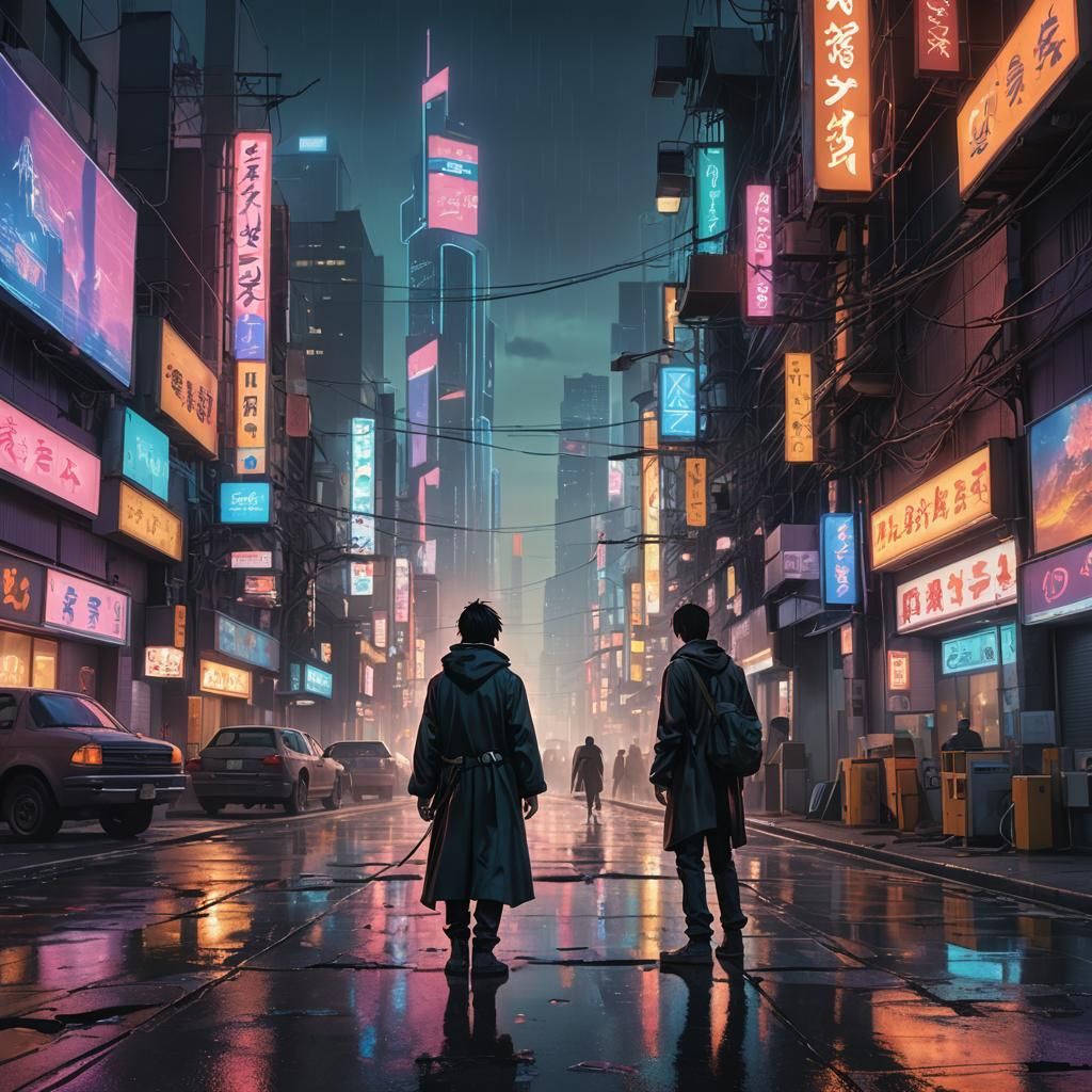 Neon City Wanderer in the Style of Makoto Shinkai