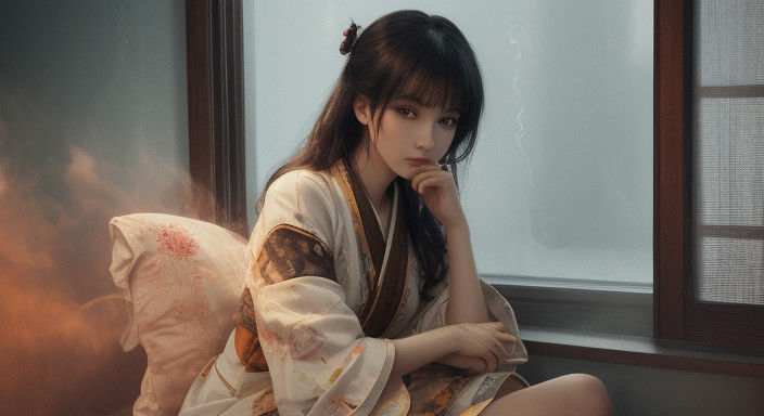 Mysterious Japanese Woman Smokes Pipe in Dark Fantasy Scene