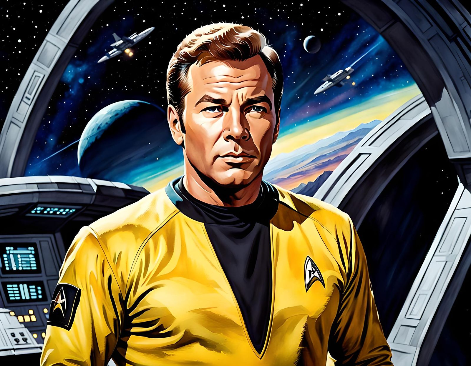 Captain Kirk Watercolor Portrait on Starship Enterprise Brid...