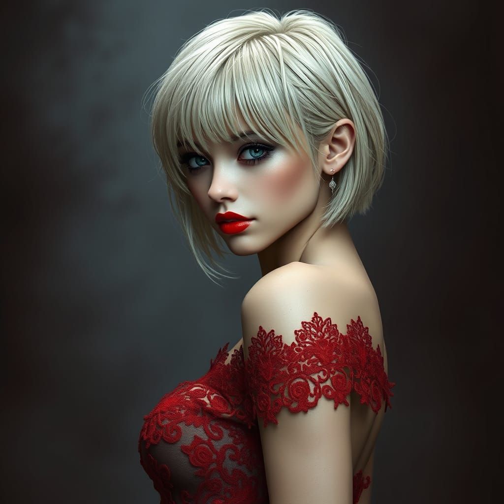 Stunning Cyberpunk Fantasy Portrait in Red Lace Gown