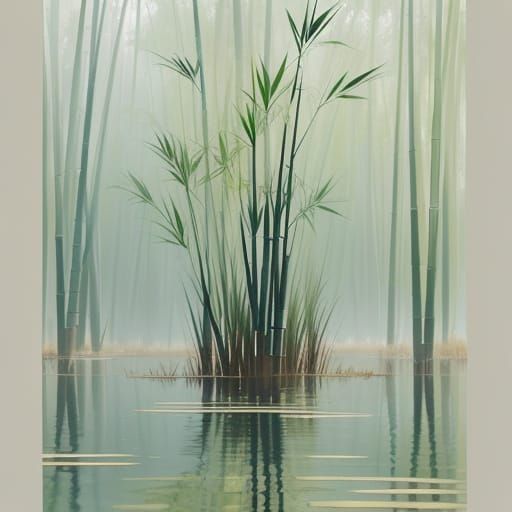 Serene Bamboo Forest by Still Water in Golden Hour Oil Paint...