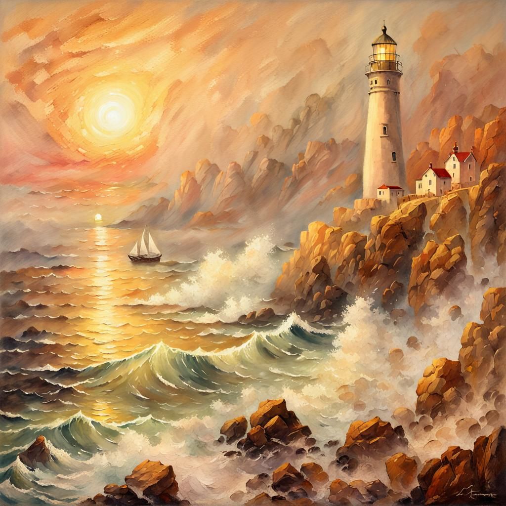Romantic Seascape Painting: Sailing Ship and Lighthouse