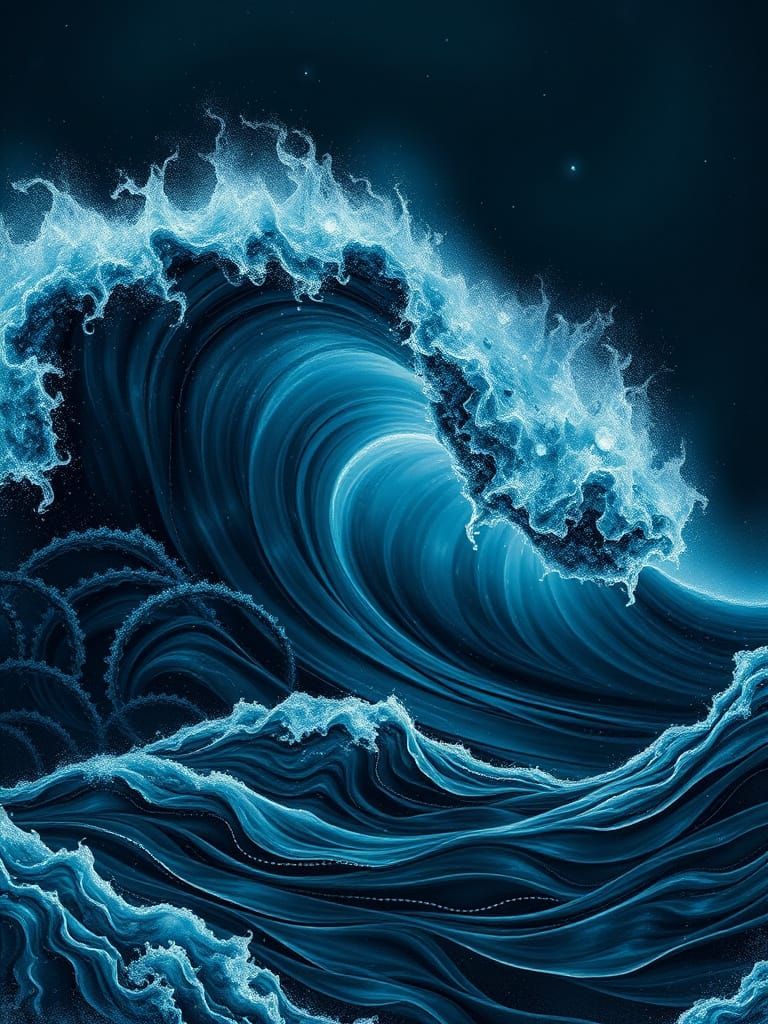 Bioluminescent Ocean Waves in Charcoal Finger-Smear Style