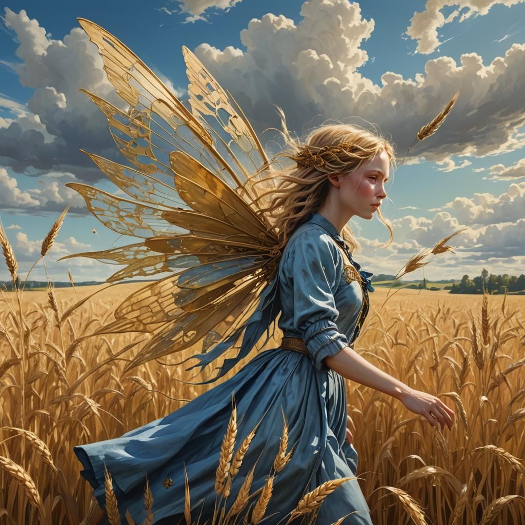Victorian Fairy in Wheat Field with Golden Light