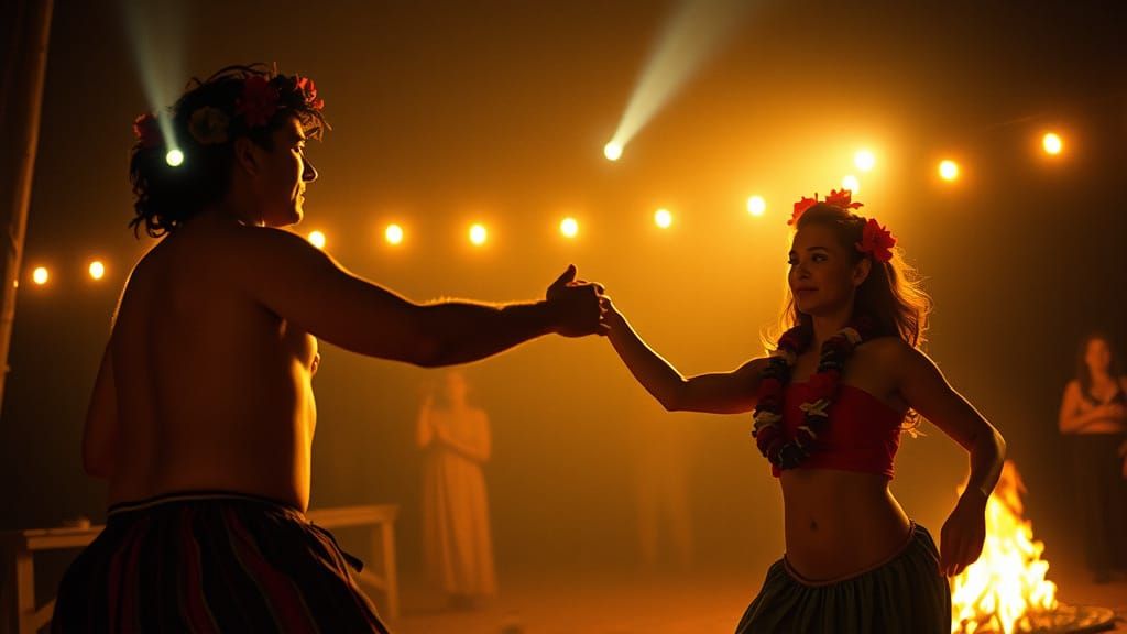 Hula Dancers Swaying in Firelight: Cinematic Film Still