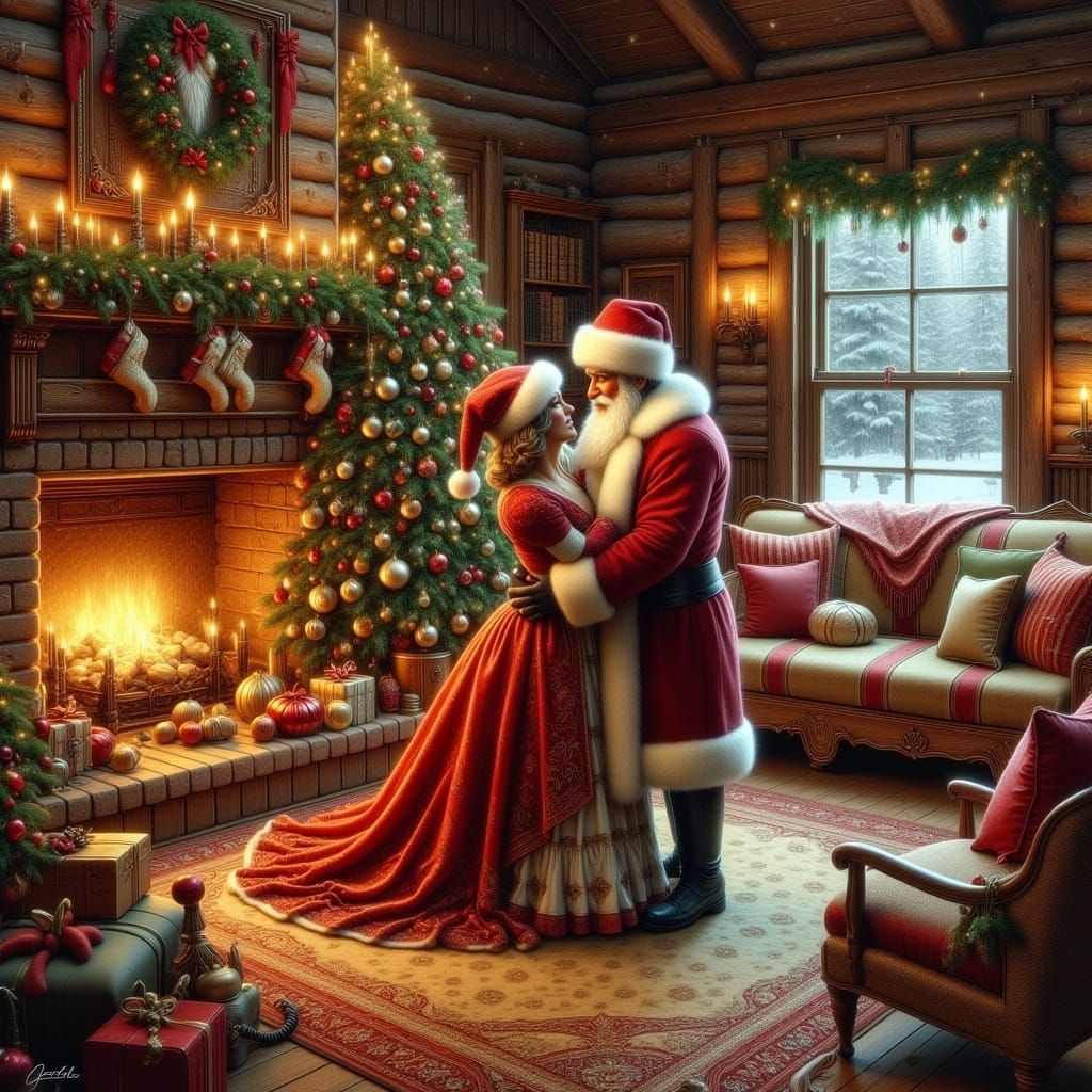 Santa Claus and Mrs. Claus Cozy Winter Moment by Fire and Ch...