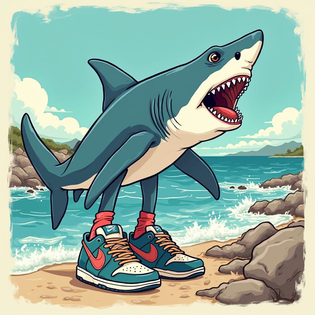 Shark with Nike Sneakers on Coastal Beach