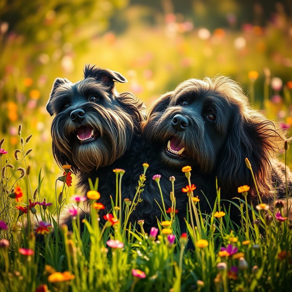 Joyful Giant Schnauzer and Newfoundland Play in a Lush Summe...