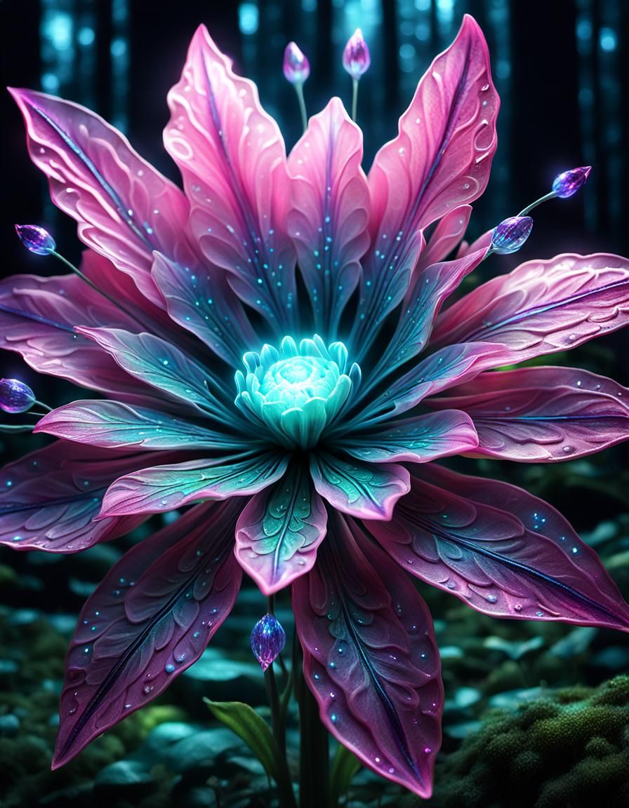 Glowing Pink Alien Flower in Fantasy Forest