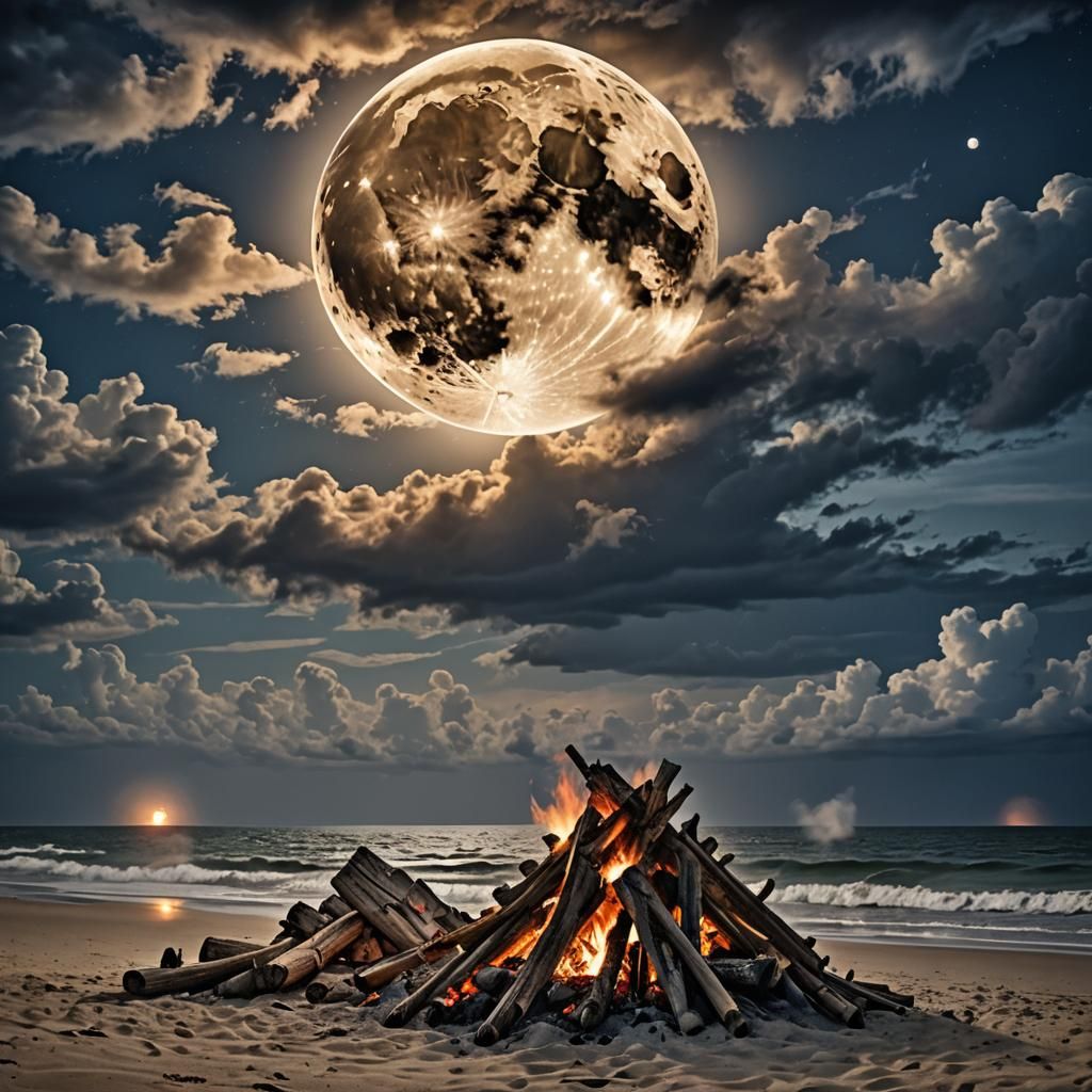 Hyperrealistic Super Moon Over Beach Bonfire