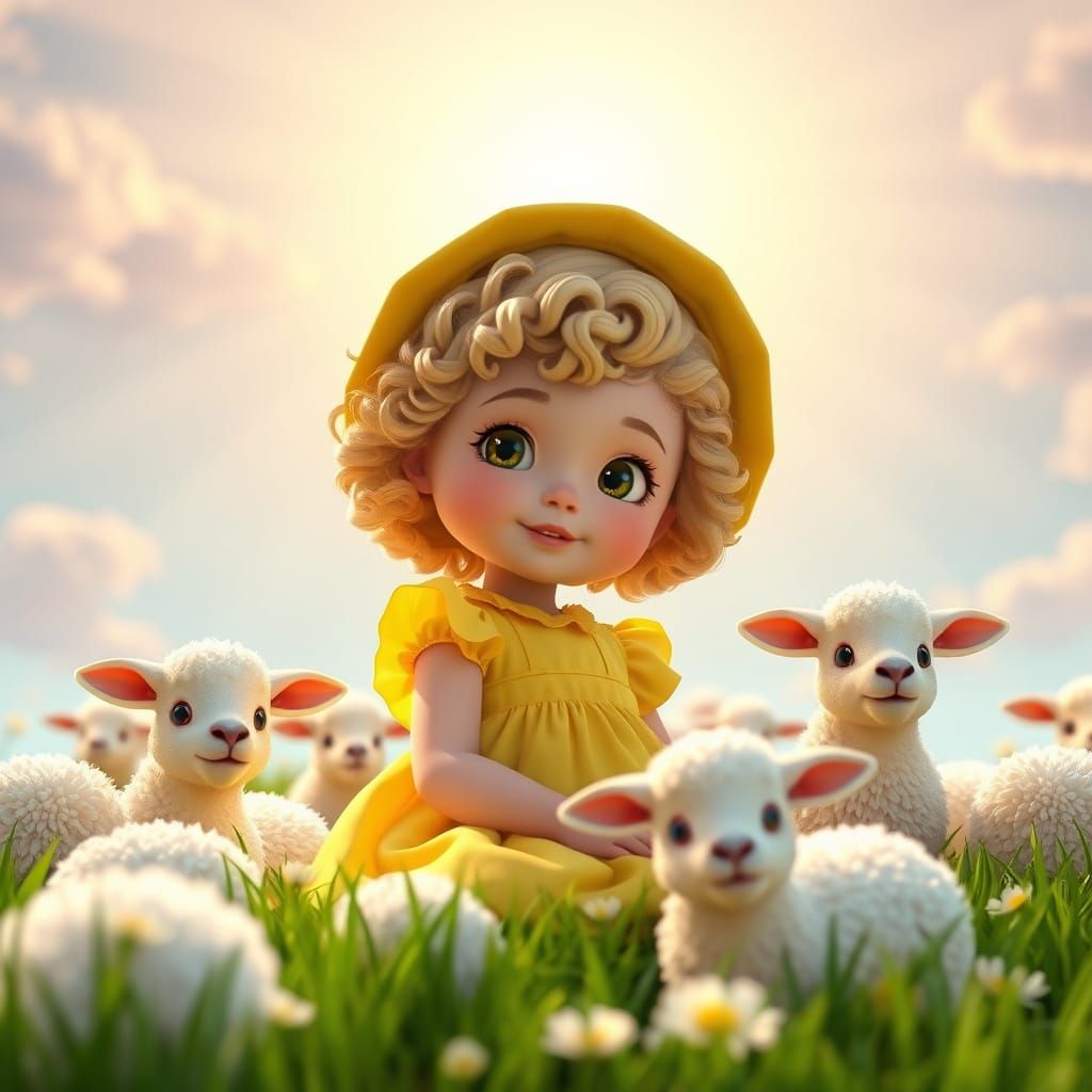 Little Girl Surrounded by Fluffy Lambs in a Vibrant Meadow