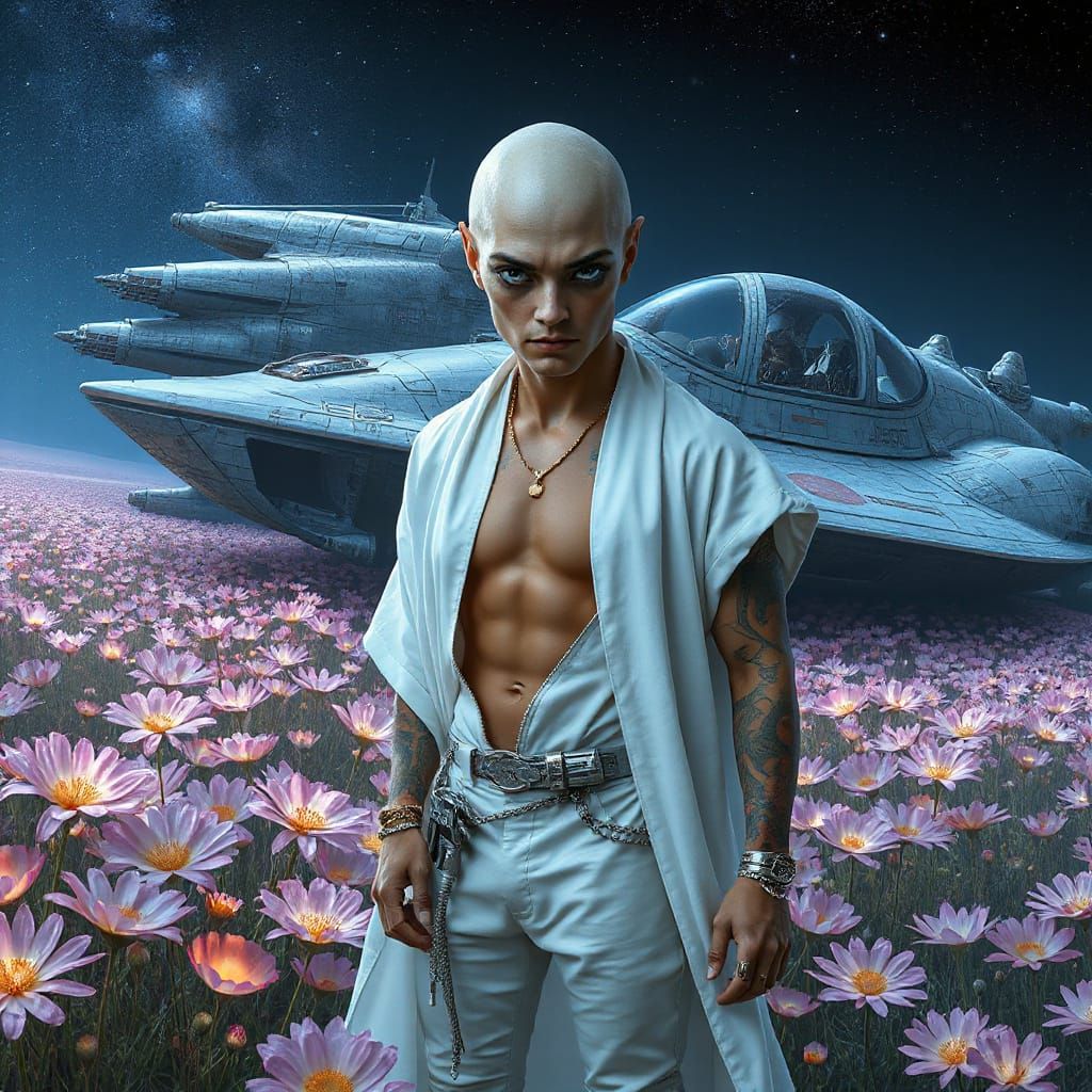 Bionic Alien in Bioluminescent Flower Meadow