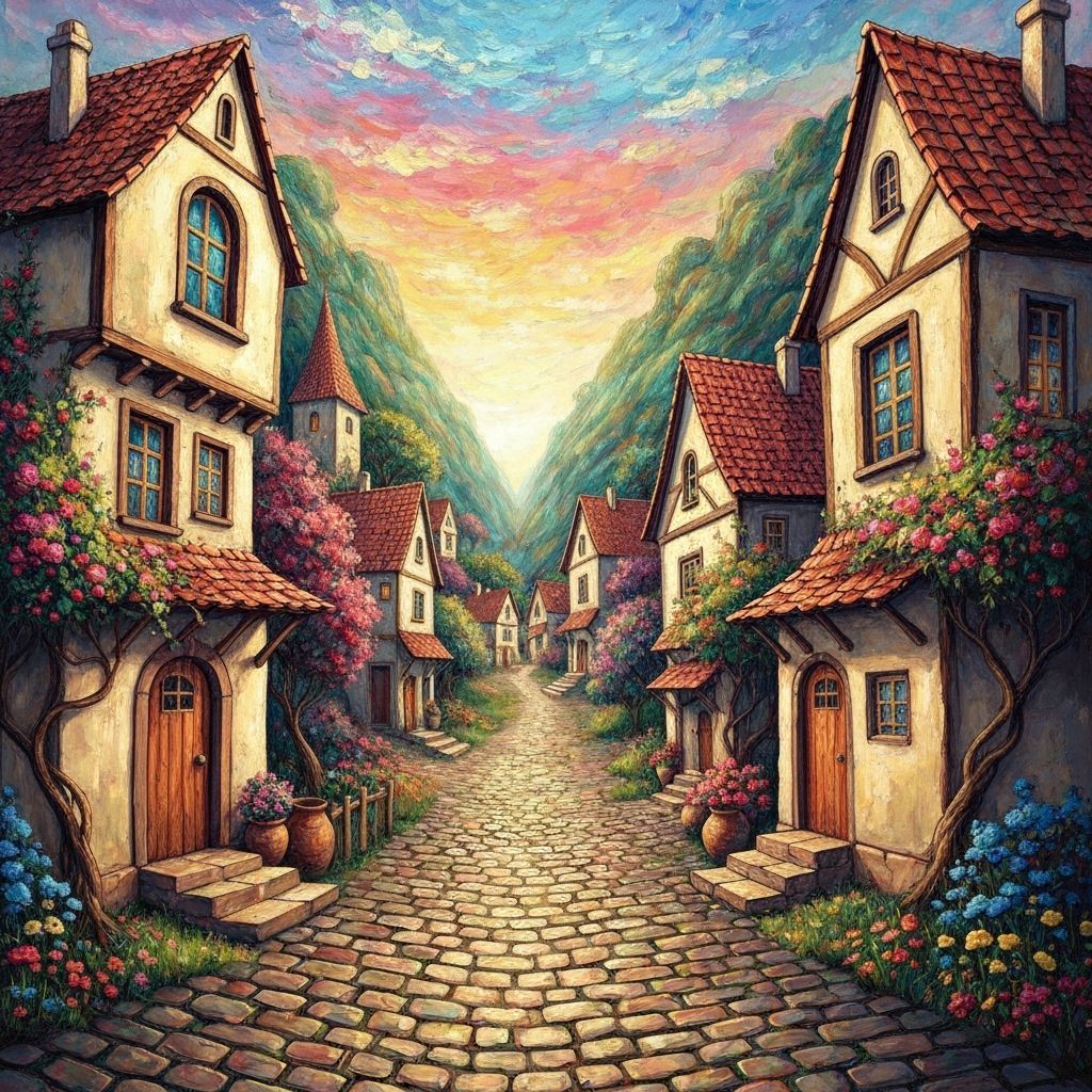 Colorful Village Between Rolling Hills in Abstract Art Style