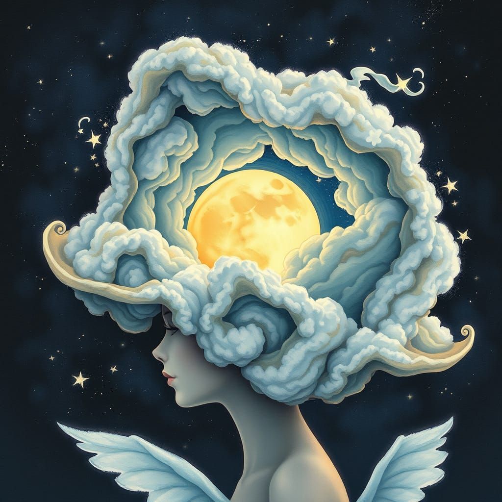 A fantastical hat sculpted from swirling clouds and captured...