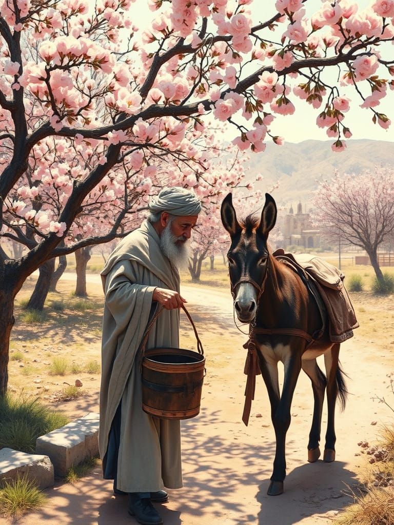 Traditional Village Scene with Almond Blossoms in Oriental S...