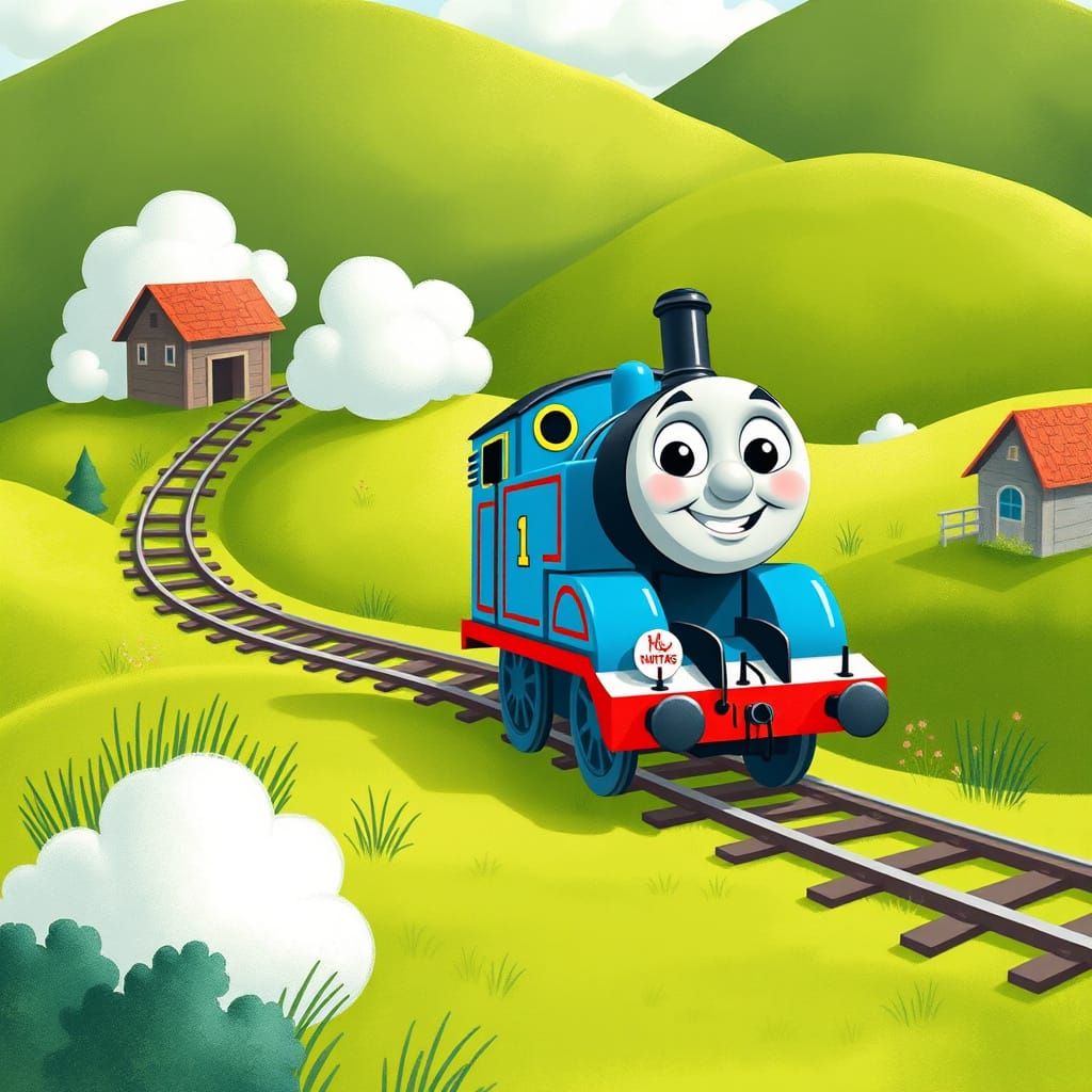 Cheerful Train on Railroad Track in Cartoon Style