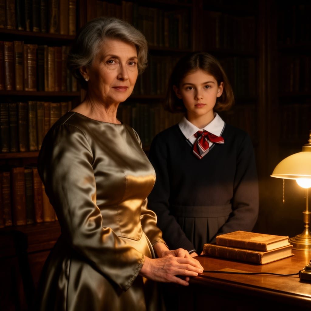 Teacher and Schoolgirl in Library as Academic Realism Painti...