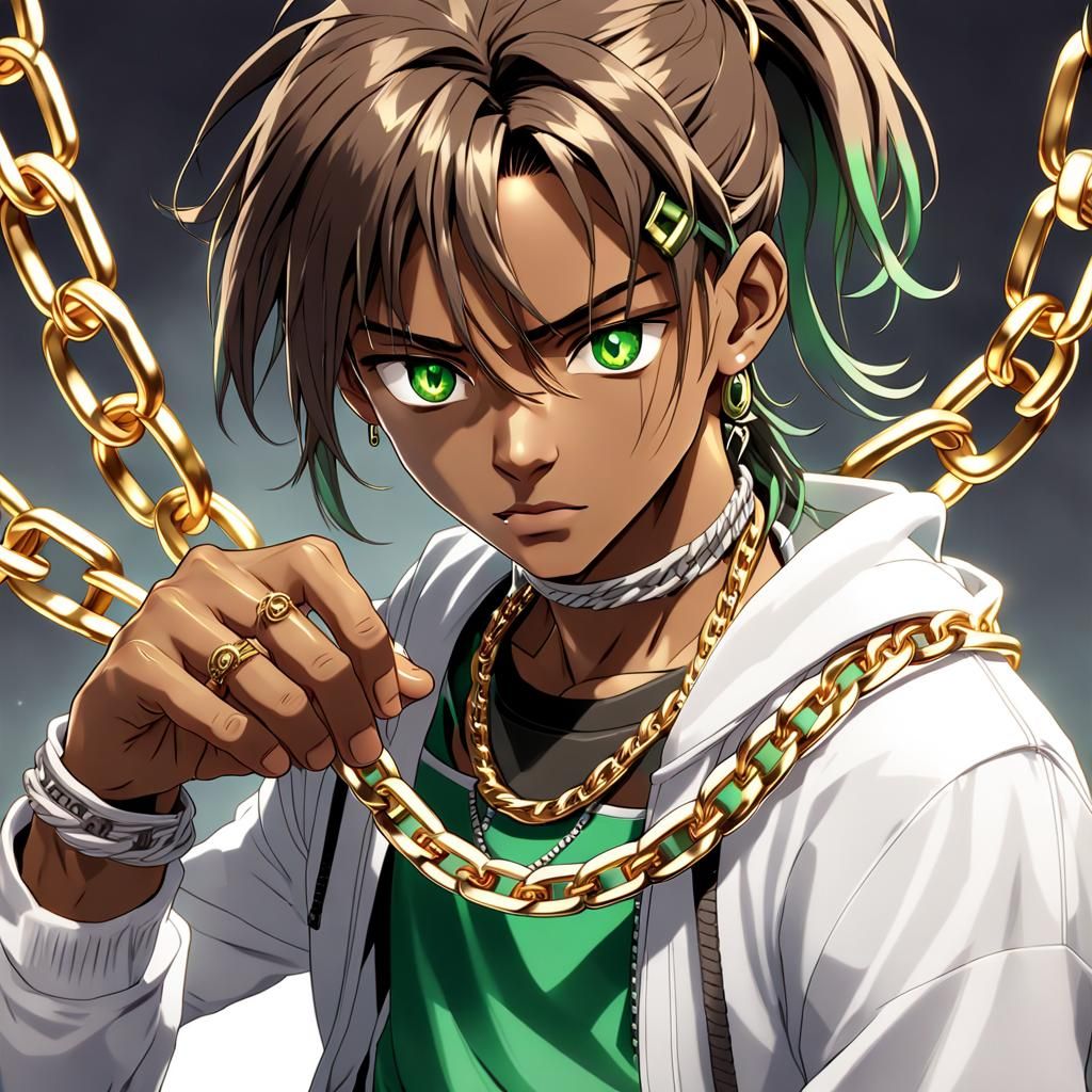 Dark Caramel-skinned Anime Boy with Intricate Metal Chains a...