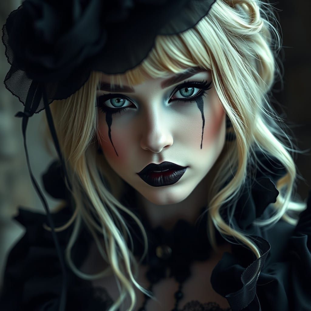 Sultry Goth Goddess with Green Eyes and Moody Makeup