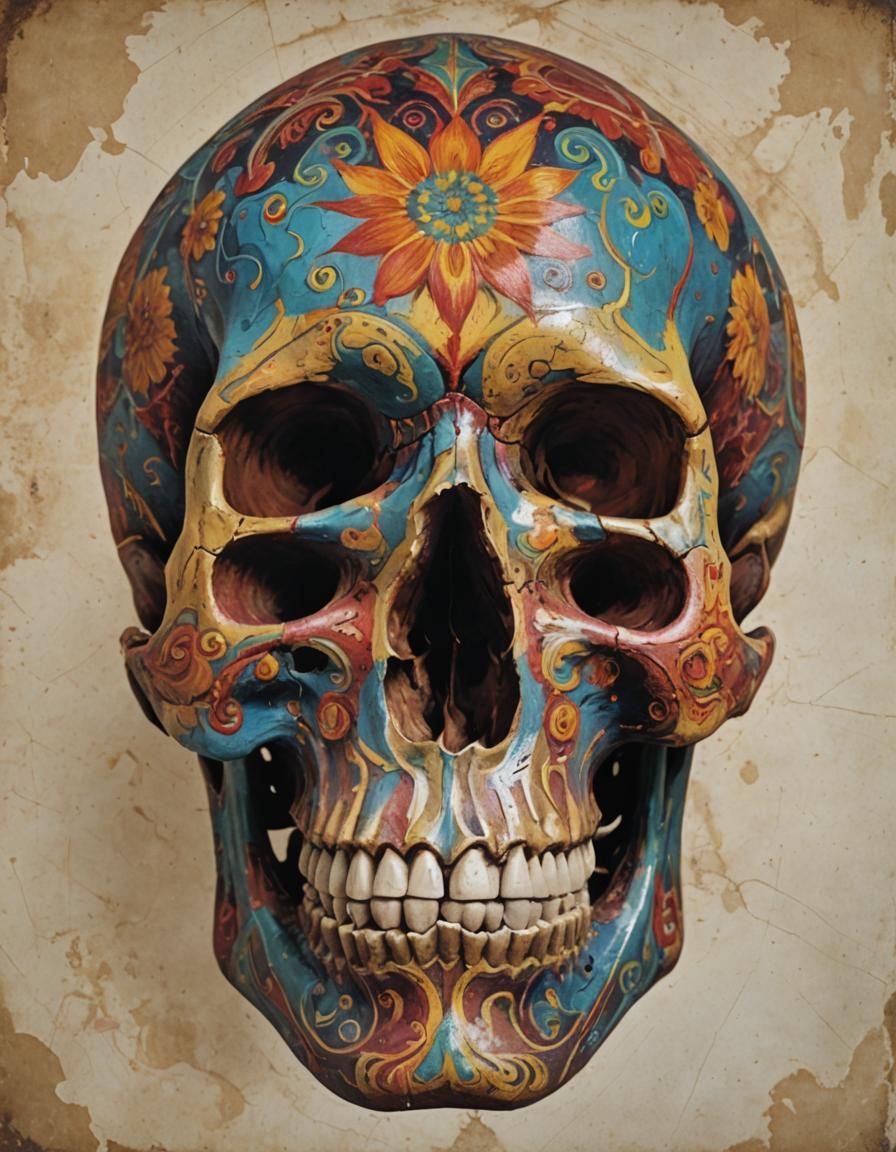 Vibrant Three-Dimensional Skull in Ancient Art Style